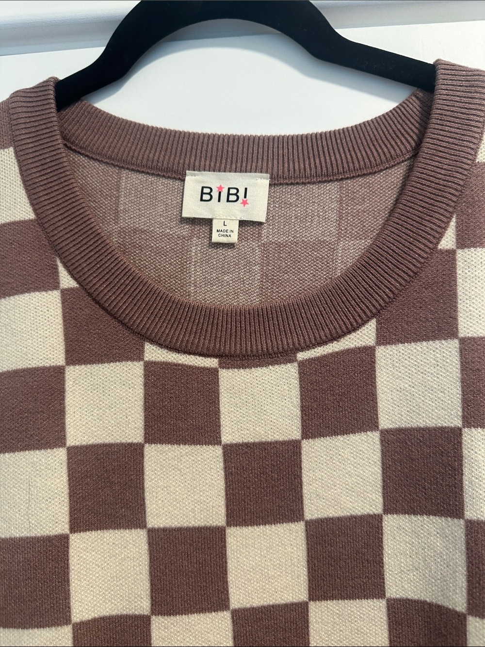 BiBi Checkerboard Crewneck Sweater in Cream & Brown - Picture 2 of 4